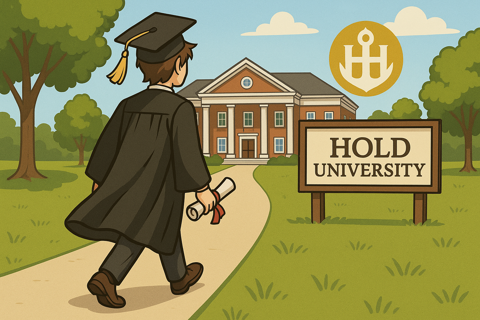 HOLD University Campus - Graduate walking towards success with diploma in hand